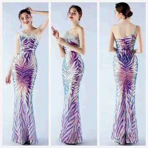 Blue and White Sequin Embellished Sleeveless Gown